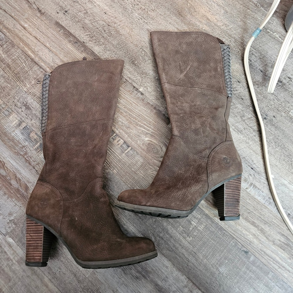 Brown Suede Mid-Calf Heeled Boots - Women